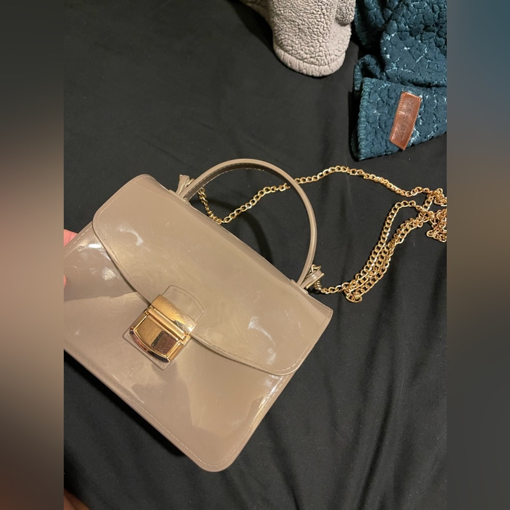Elegant Taupe Handbag with Gold Chain